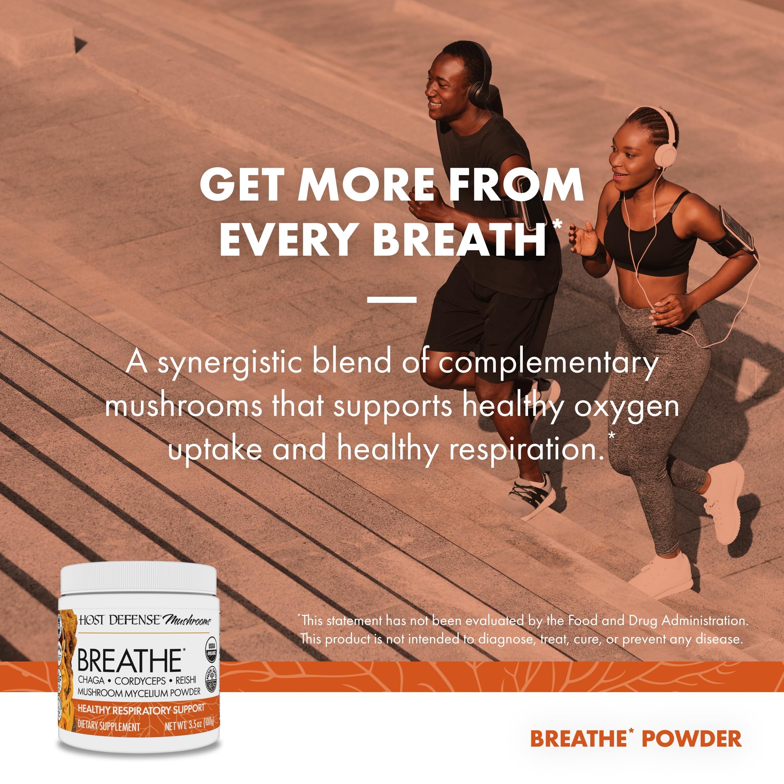 Host Defense Breathe Powder label details showcasing organic, gluten-free credentials