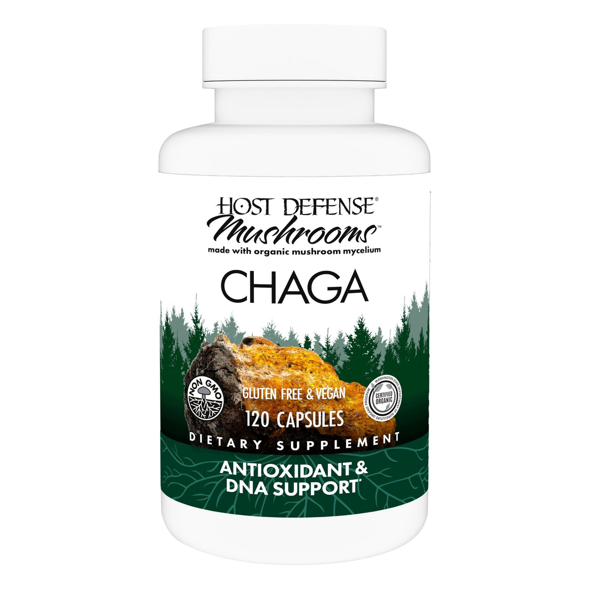 Host Defense Chaga capsules bottle front showing branding and convenient daily immune support.