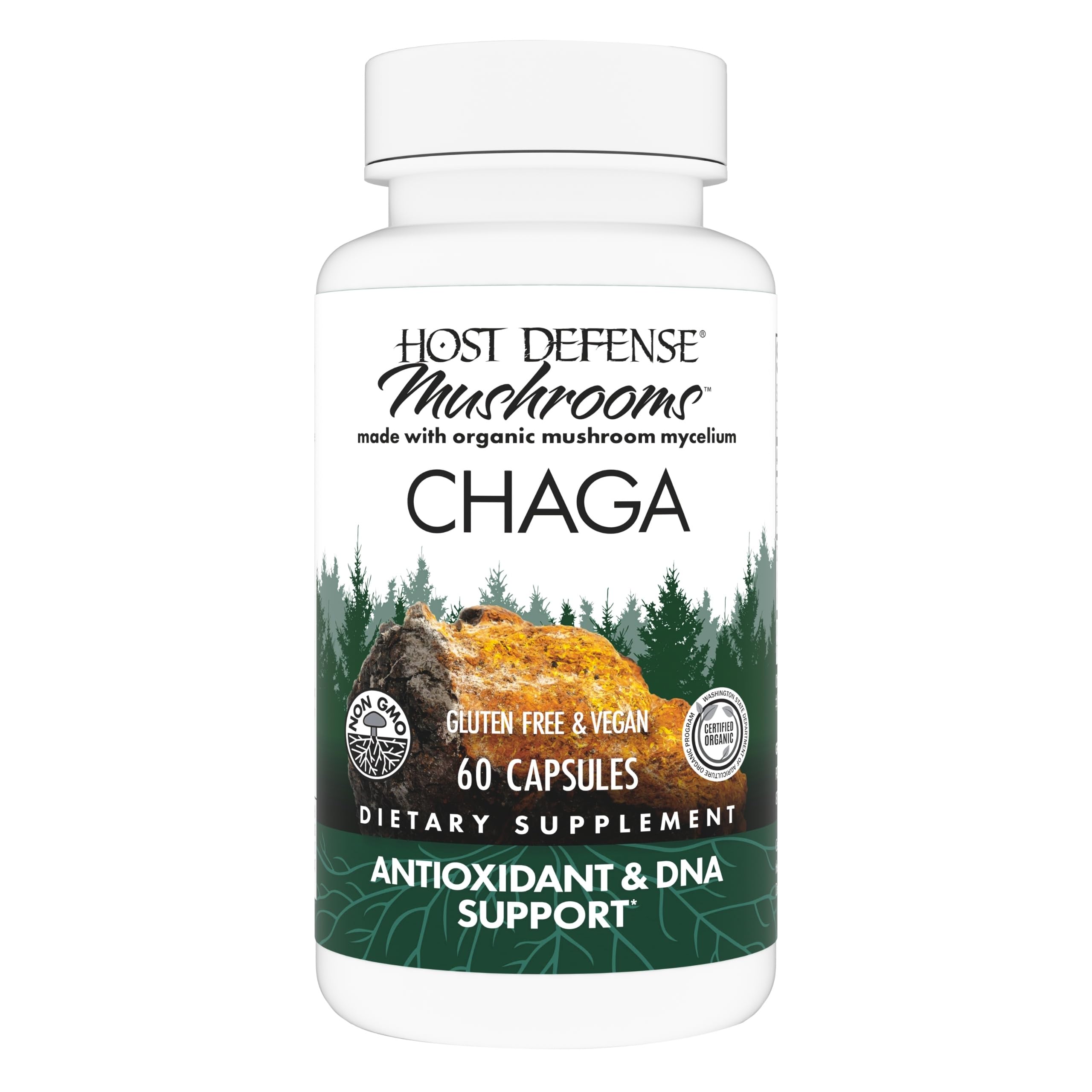 Host Defense Chaga capsules bottle on shelf for convenient daily immune support.