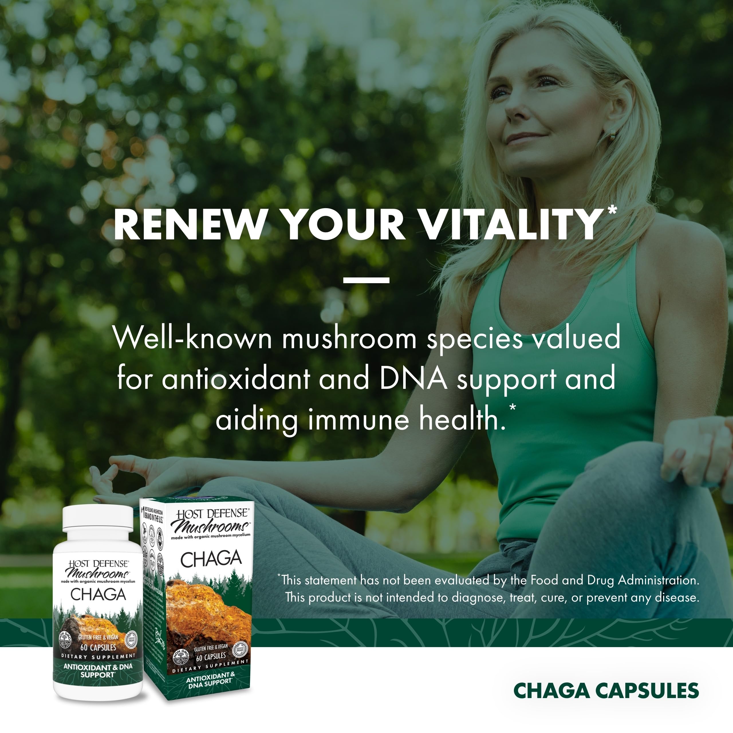 Host Defense Chaga capsules packaging emphasizes non-GMO and gluten-free qualities.