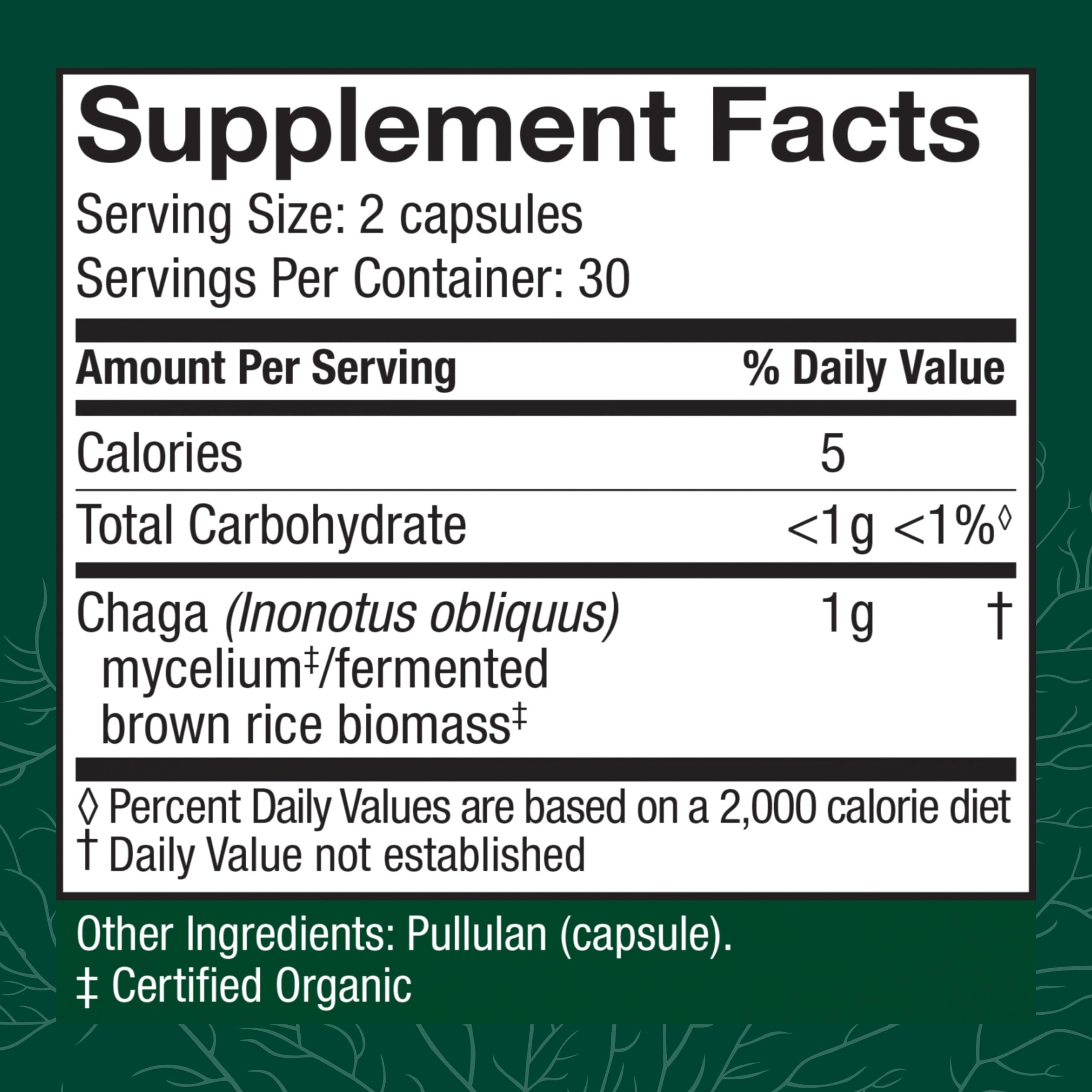 Host Defense Chaga capsules pills close-up highlighting a compact daily supplement.