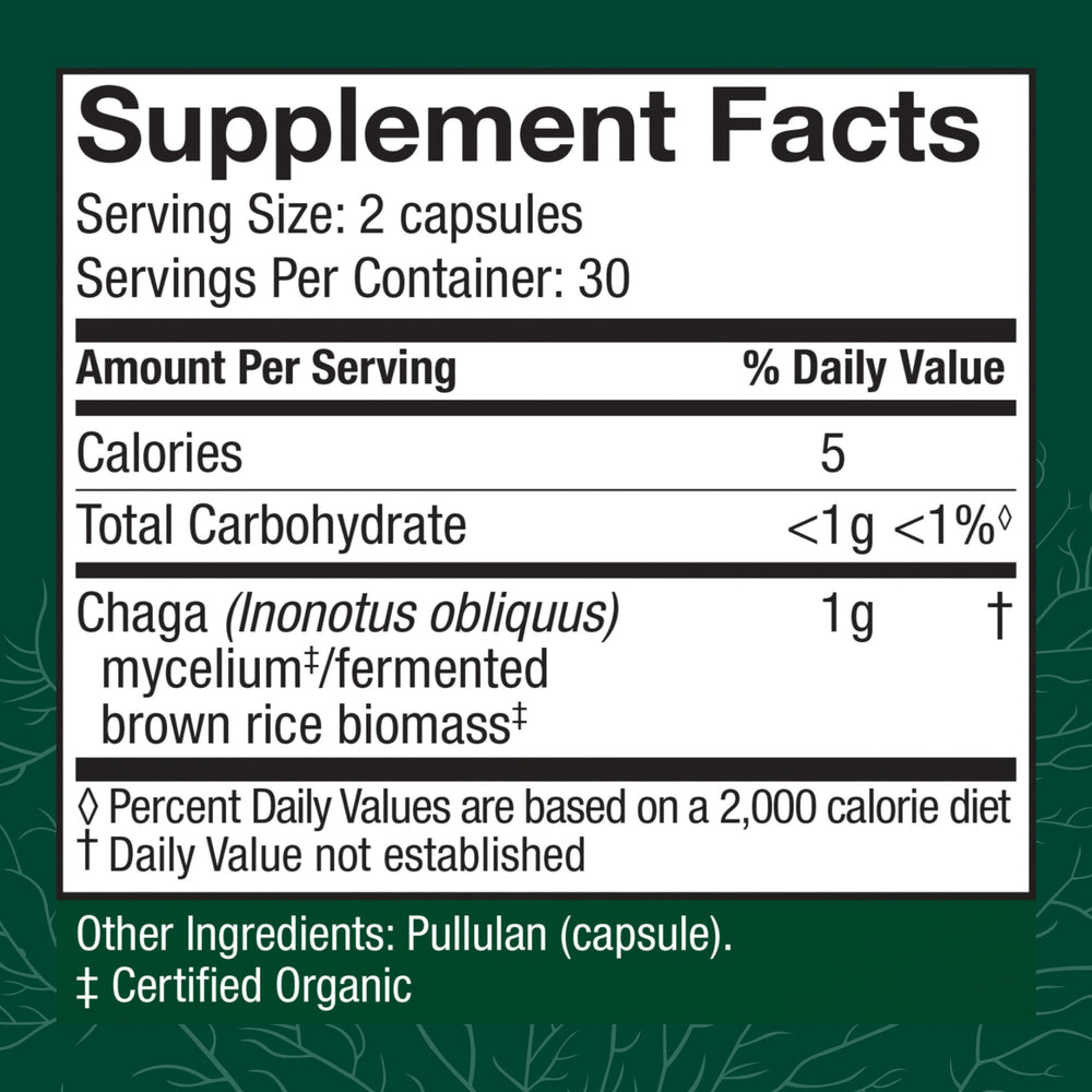 Host Defense Chaga capsules pills close-up highlighting a compact daily supplement.