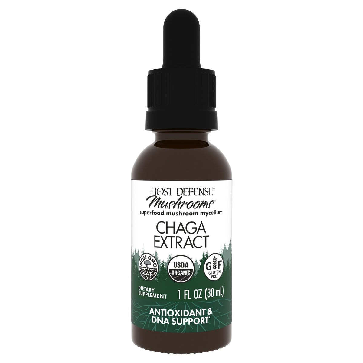 Host Defense Chaga Extract bottle front view for daily immune support.
