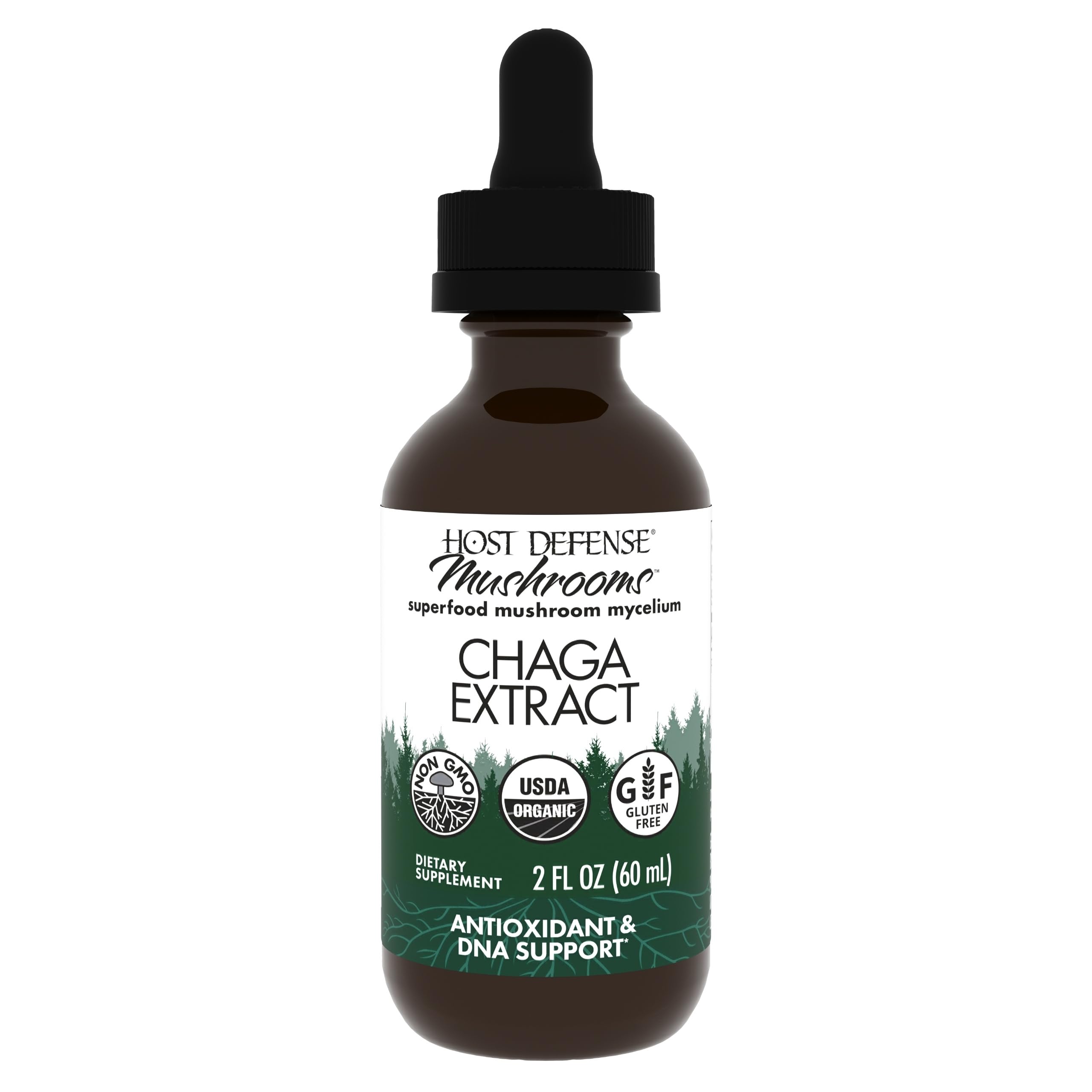 Host Defense Chaga Extract bottle with dropper signaling immune support and antioxidants