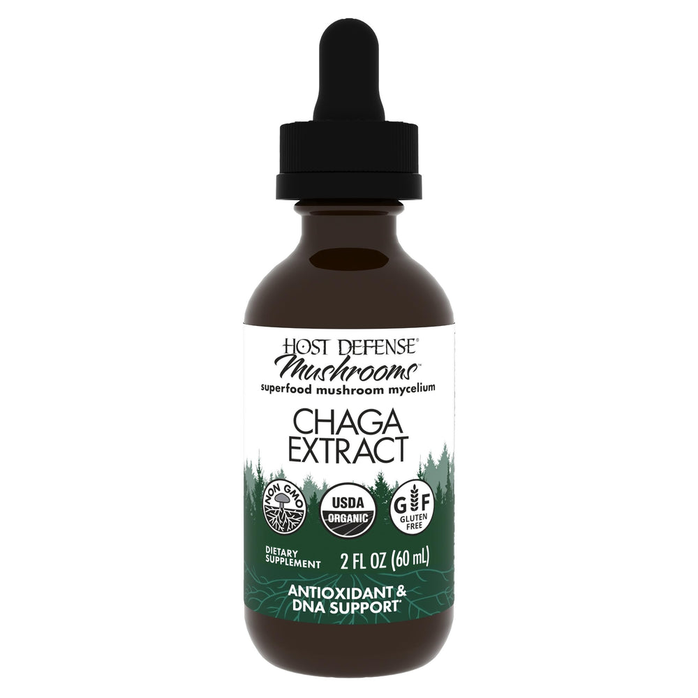 Host Defense Chaga Extract bottle with dropper signaling immune support and antioxidants