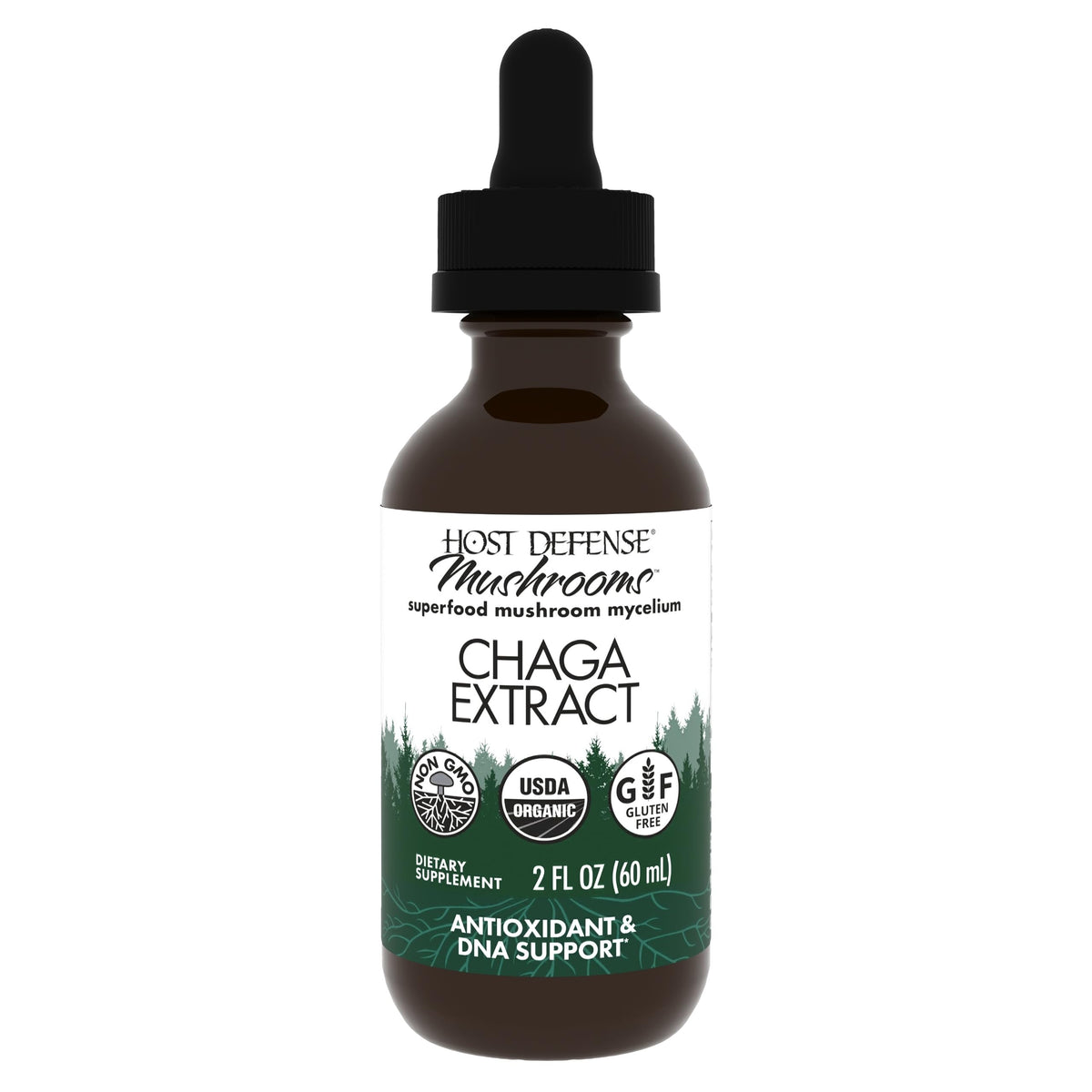 Host Defense Chaga Extract bottle with dropper signaling immune support and antioxidants