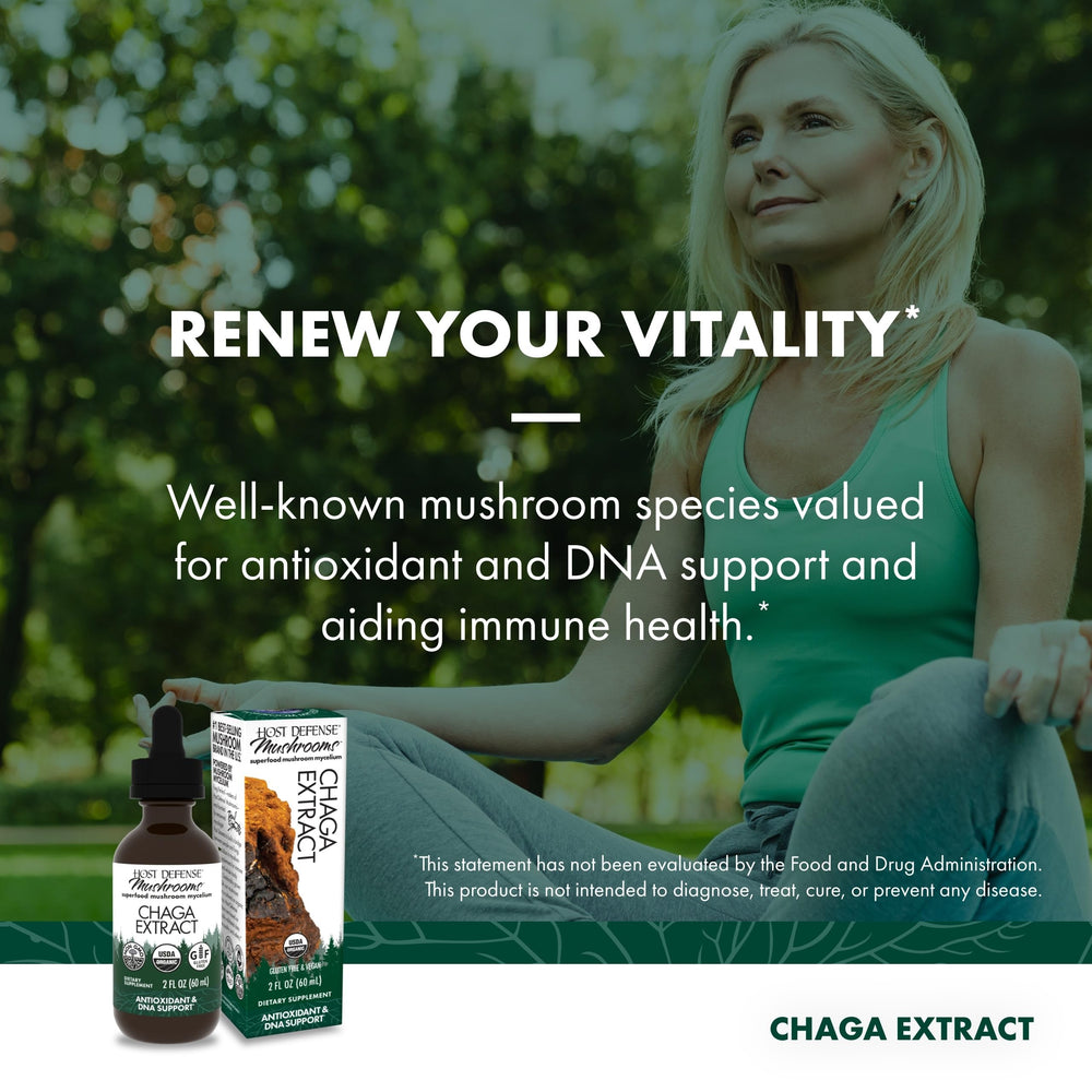 Host Defense Chaga Extract USA-grown organic mushrooms on product label