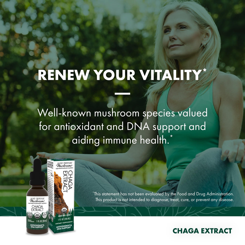 Host Defense Chaga Extract bottle with dropper shows precise dosing capability.