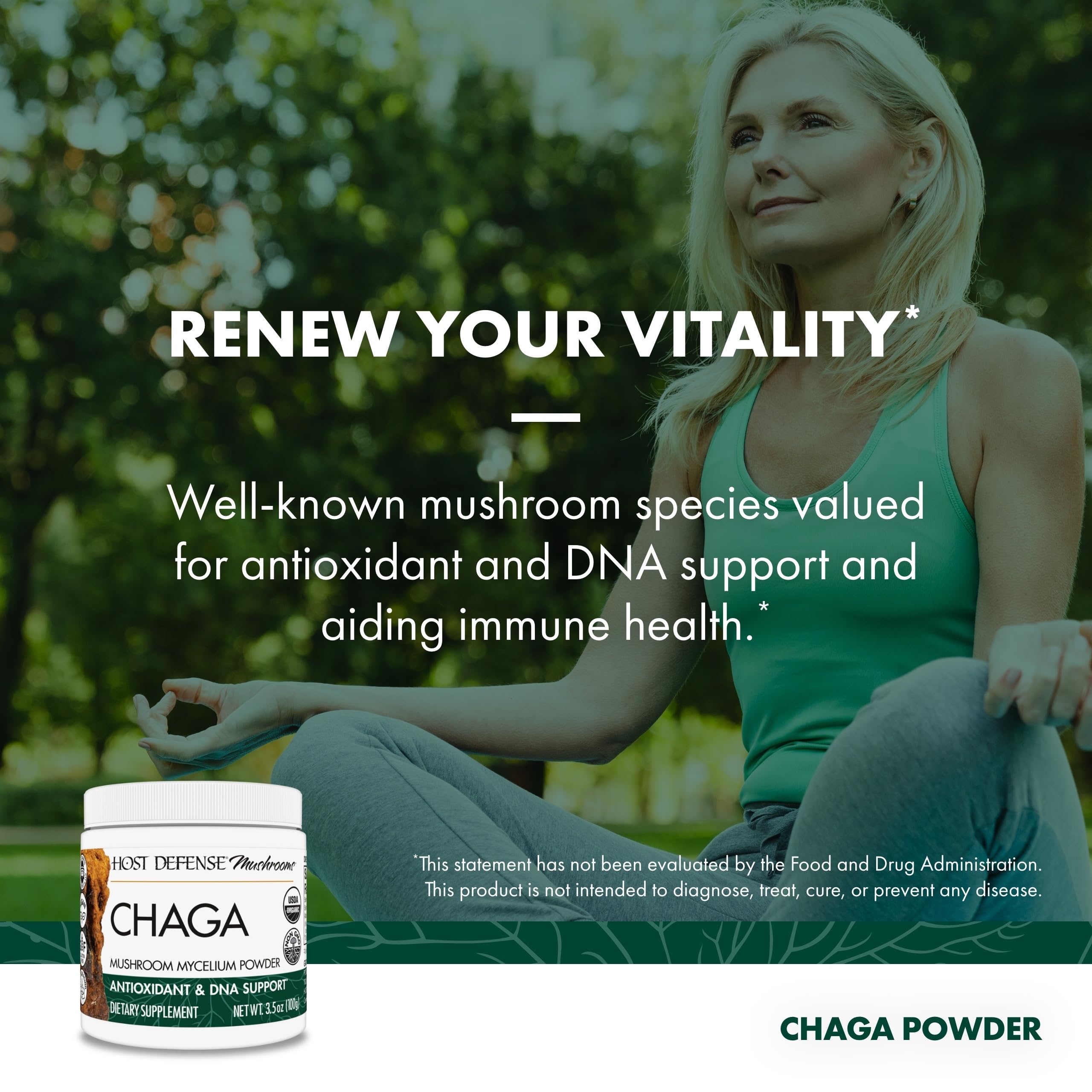 Host Defense Chaga powder in a glass of water demonstrating quick mixing.