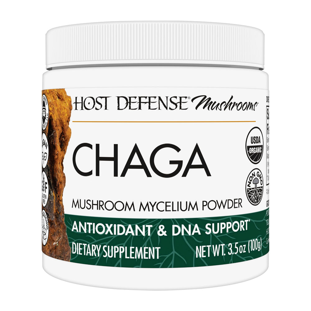 Host Defense Chaga powder jar ready for daily antioxidant support.