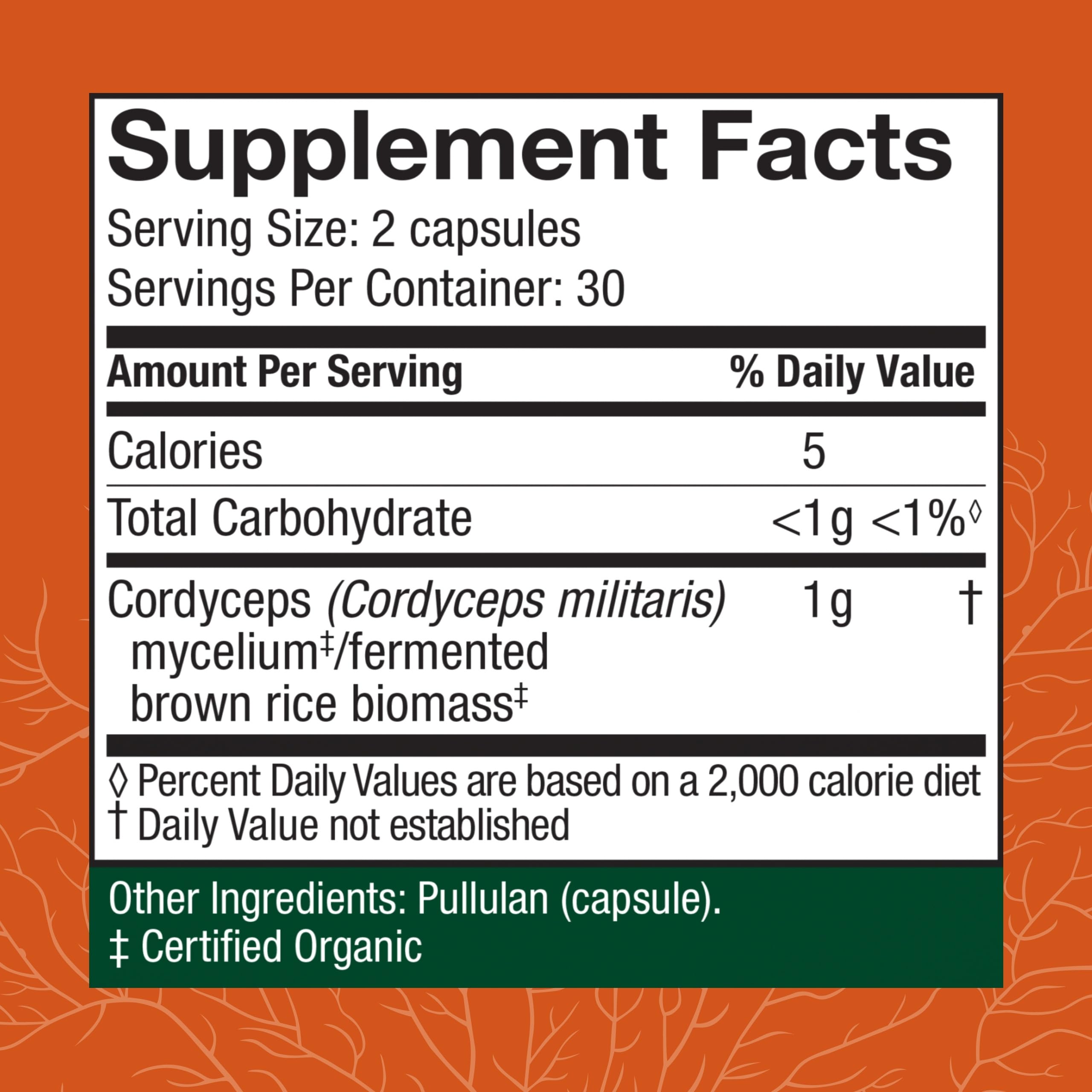 Host Defense Cordyceps capsules bottle back with ingredient details and gluten-free notes.