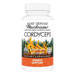 Host Defense Cordyceps capsules bottle front showing sleek design and immune-support potential.