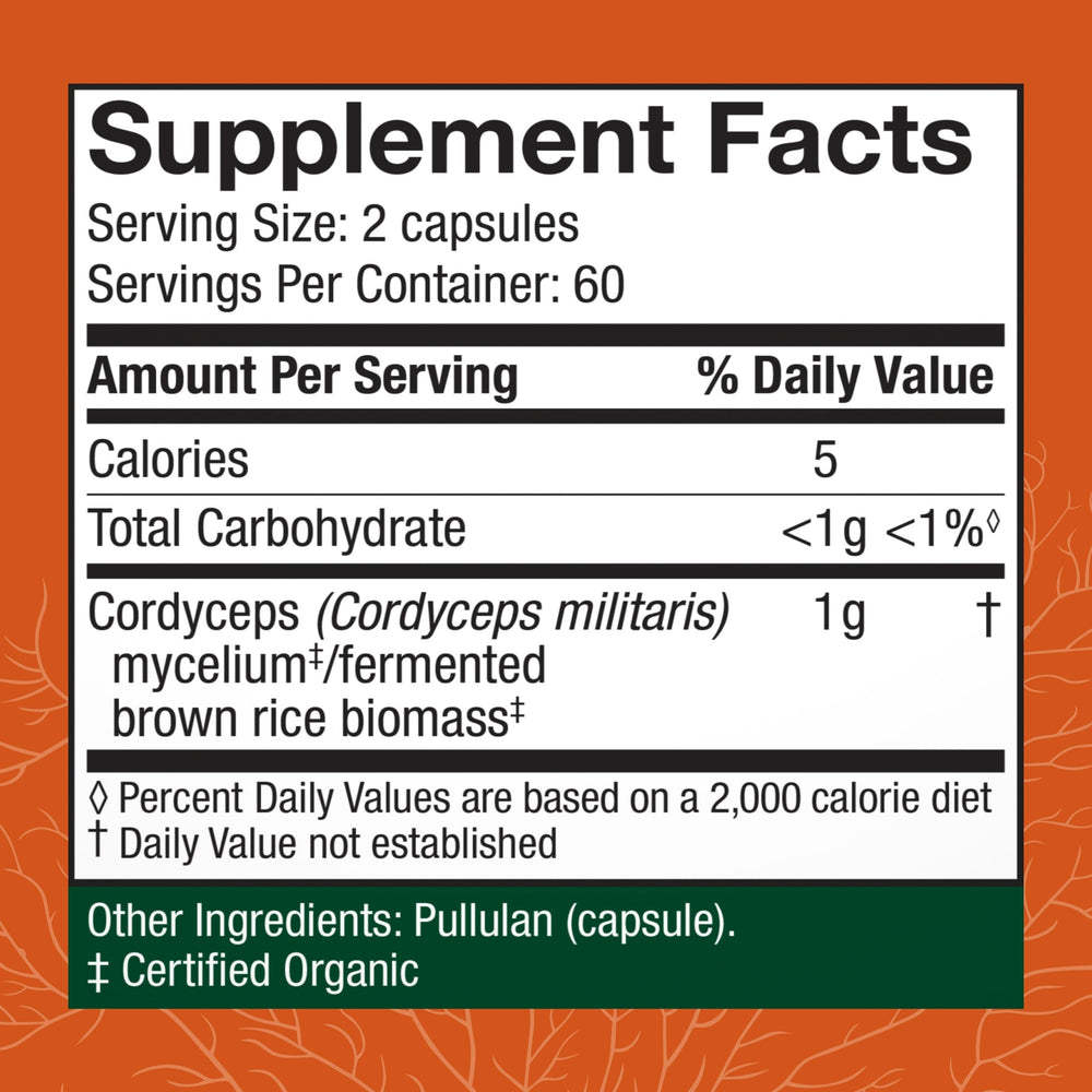 Host Defense Cordyceps capsules close-up emphasizes easy daily dosing