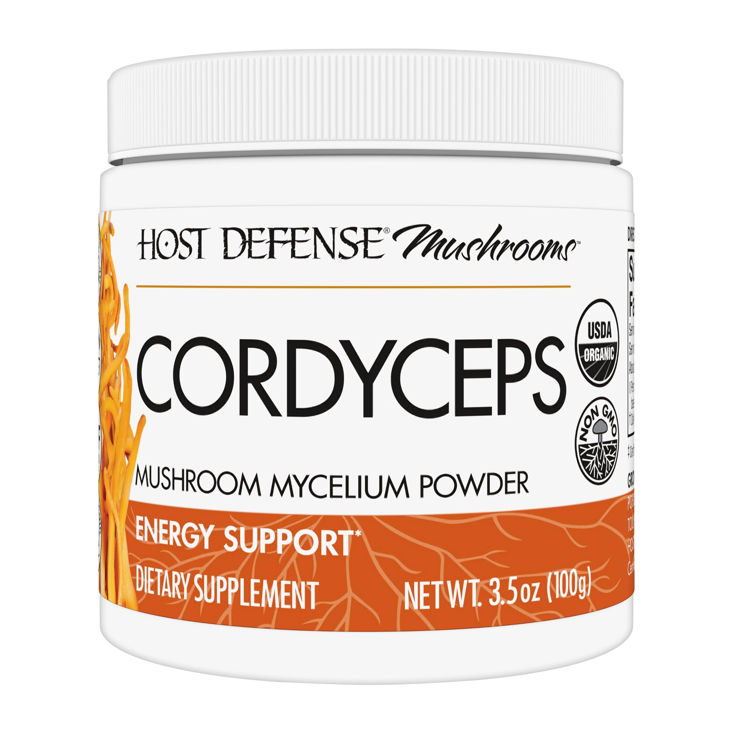 Host Defense Cordyceps powder bottle front showing immune support formula