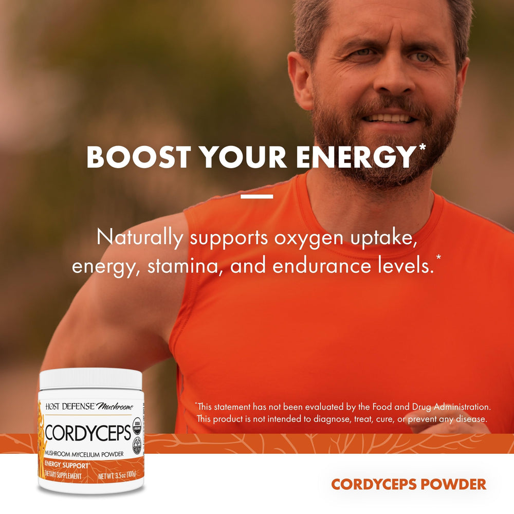 Cordyceps powder bottle on kitchen shelf for daily routine