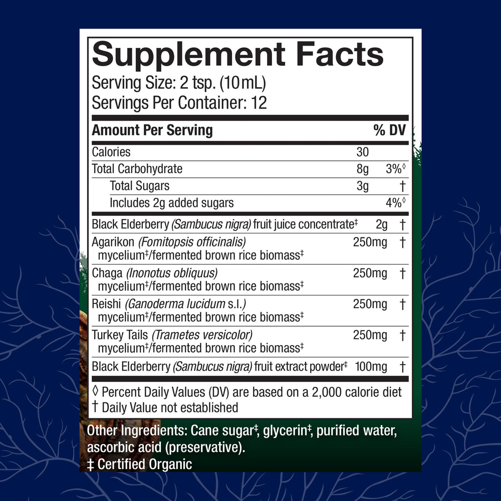 Host Defense Elderberry Plus label close-up highlighting immune-support ingredients.