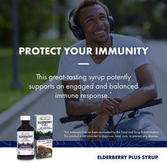 Host Defense Elderberry Plus Syrup label close-up highlighting immune and respiratory support.