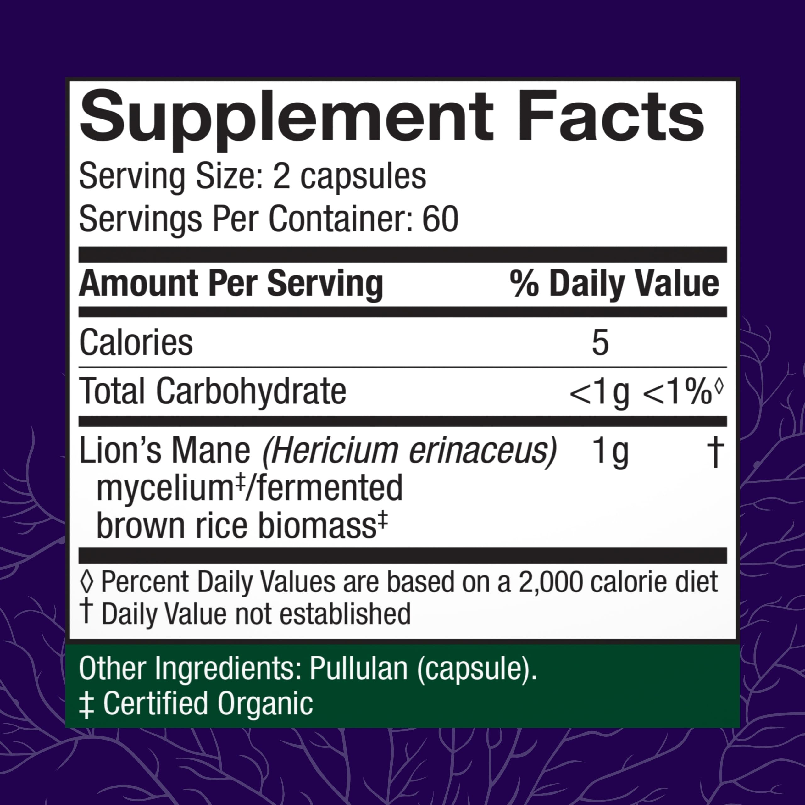 Host Defense Lions Mane bottle label highlighting daily use.
