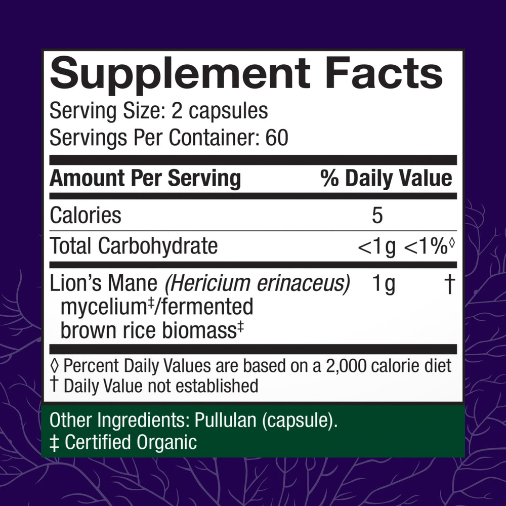 Host Defense Lions Mane bottle label highlighting daily use.