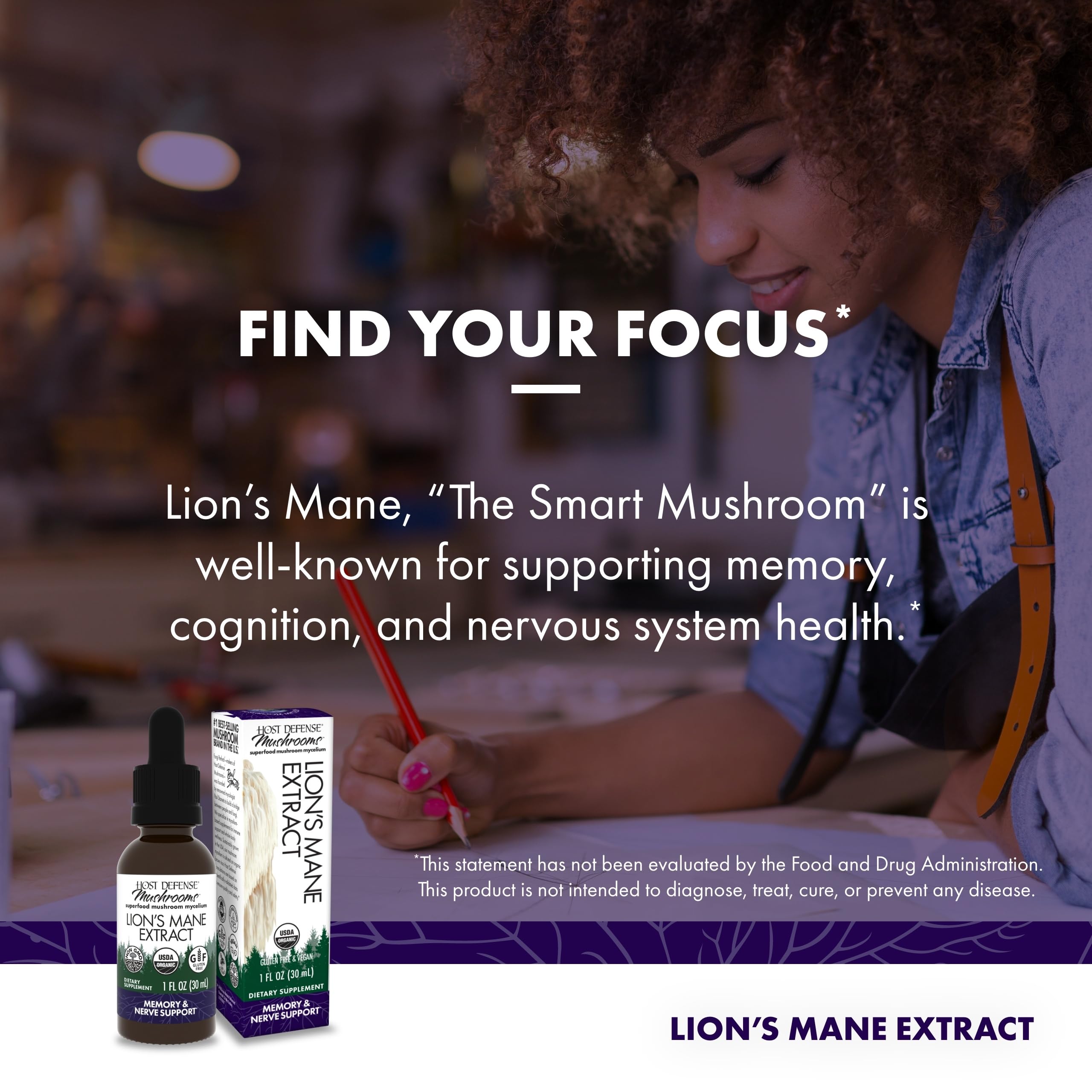 Host Defense Lion's Mane bottle beside supplement facts panel.