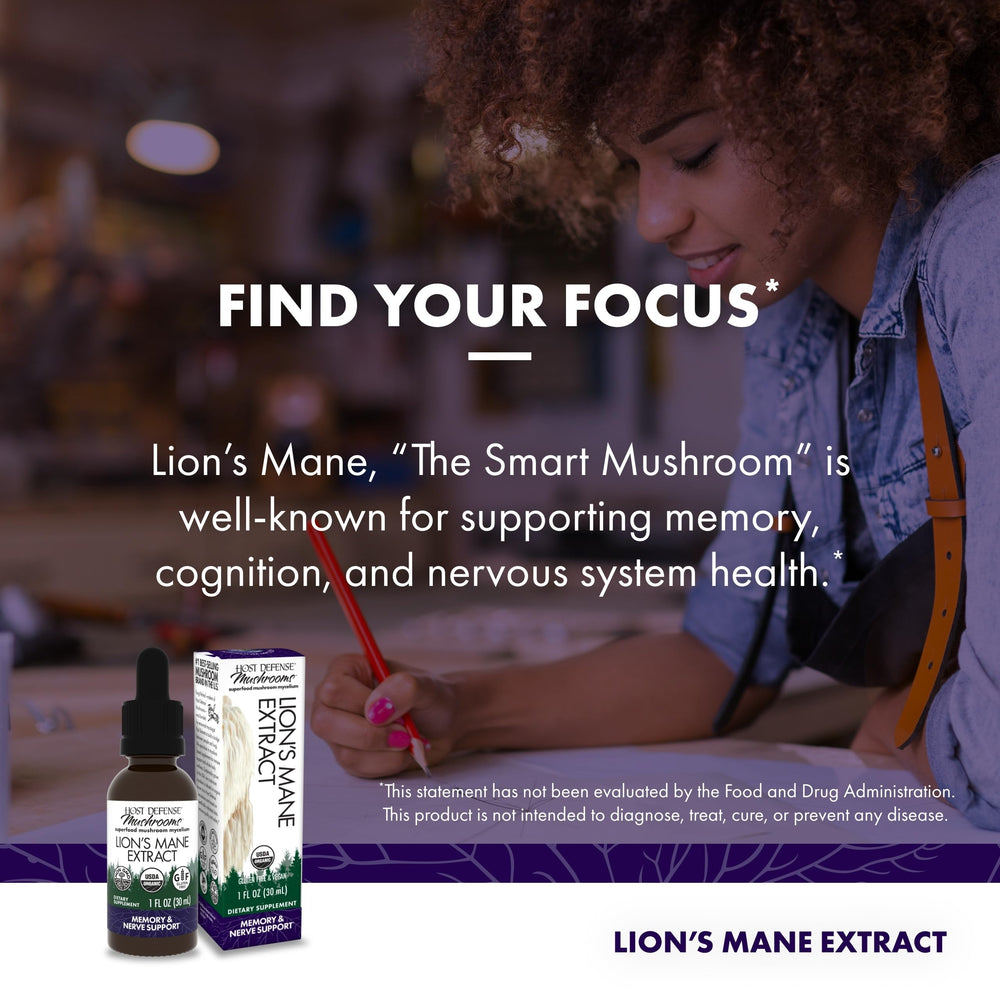 Host Defense Lion's Mane bottle beside supplement facts panel.