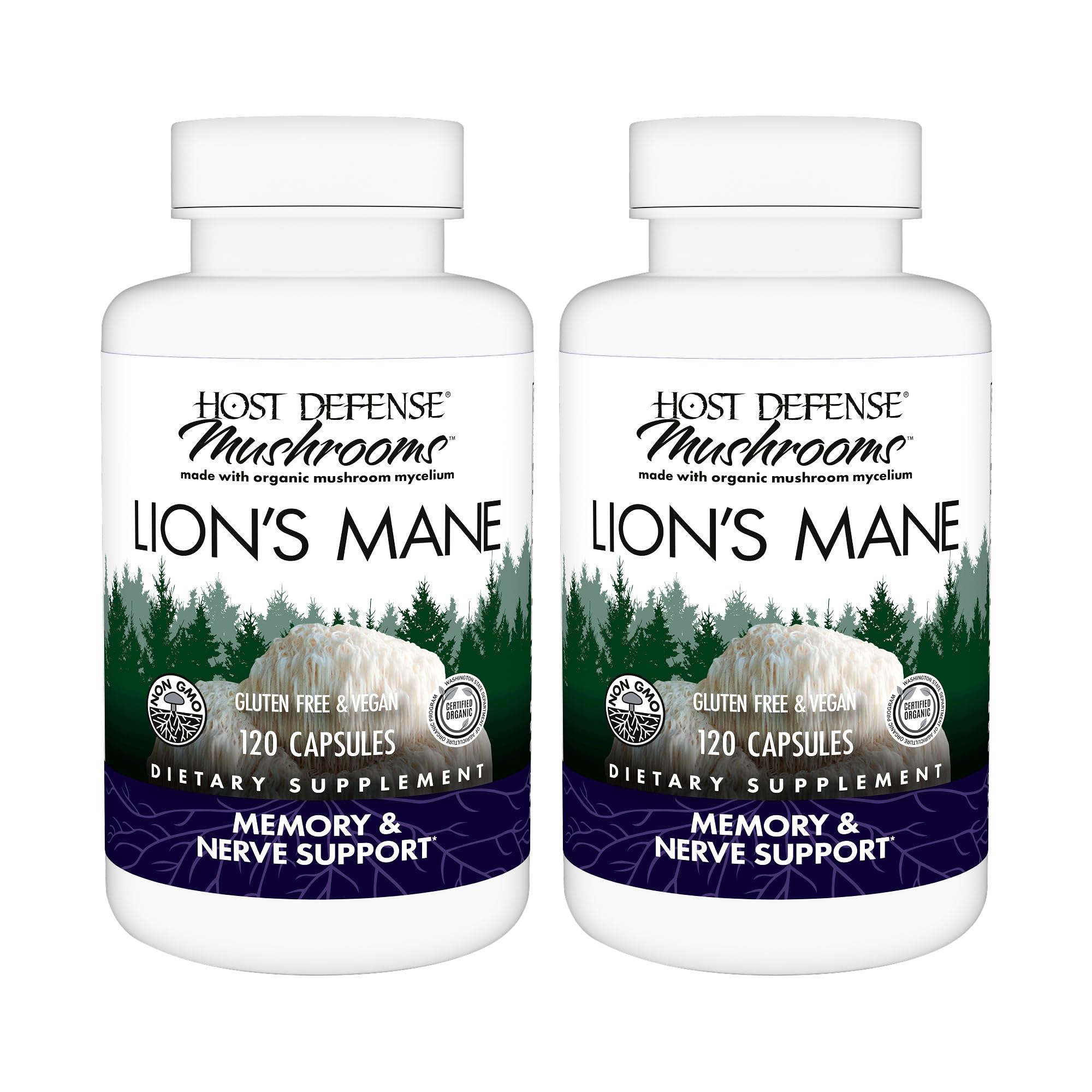 Host Defense Lion's Mane capsules bottle close-up in a two-pack, highlighting daily cognitive support.