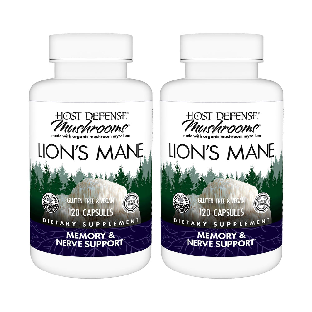 Host Defense Lion's Mane capsules bottle close-up in a two-pack, highlighting daily cognitive support.