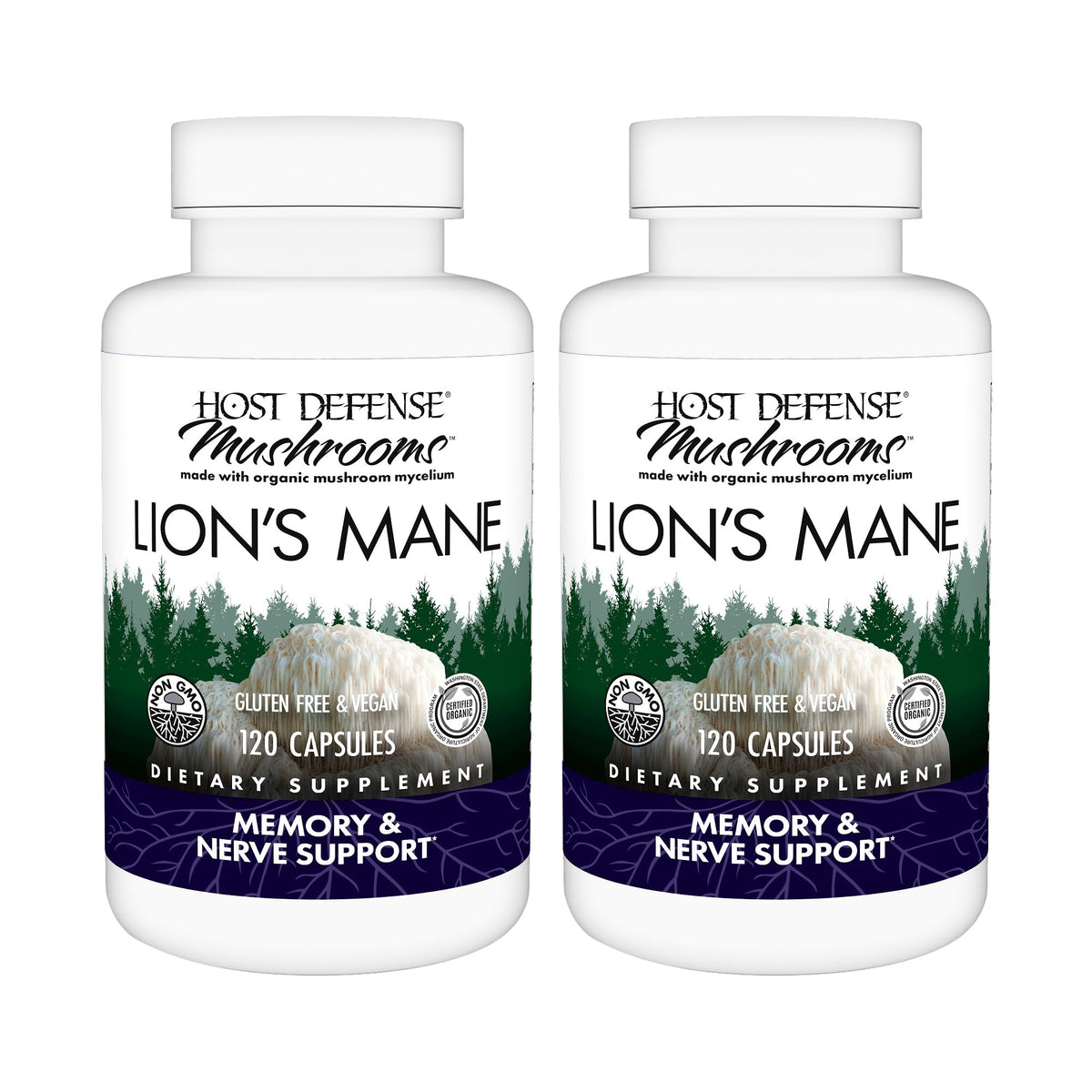 Host Defense Lion's Mane capsules bottle close-up in a two-pack, highlighting daily cognitive support.