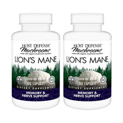 Host Defense Lion's Mane capsules bottle close-up in a two-pack, highlighting daily cognitive support.