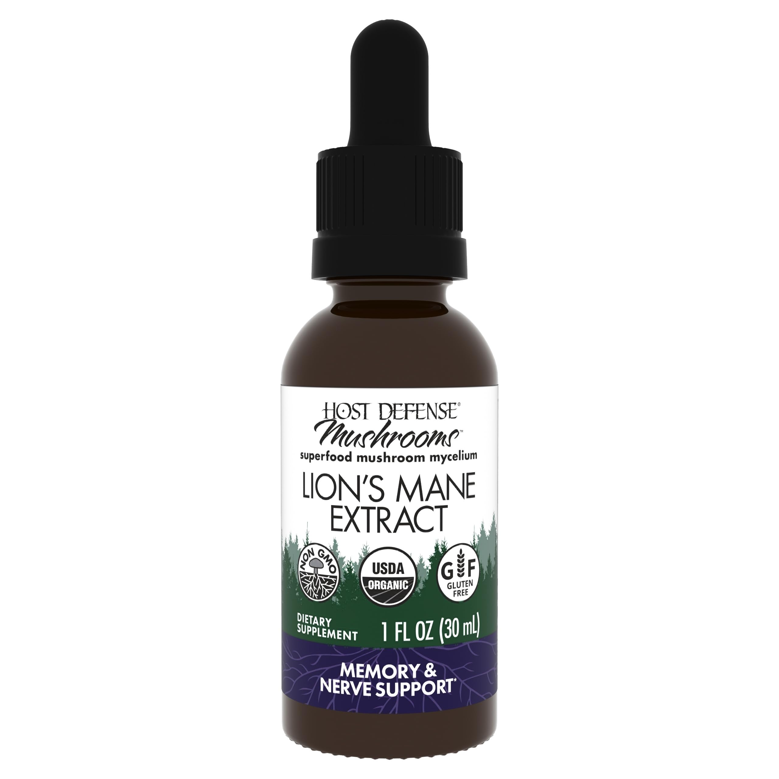 Host Defense Lion's Mane liquid bottle close-up for brain support.