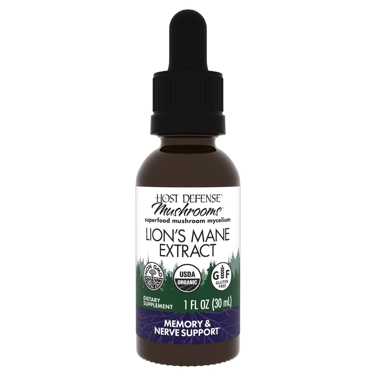 Host Defense Lion's Mane liquid bottle close-up for brain support.