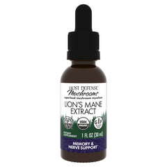 Host Defense Lion's Mane liquid bottle close-up for brain support.