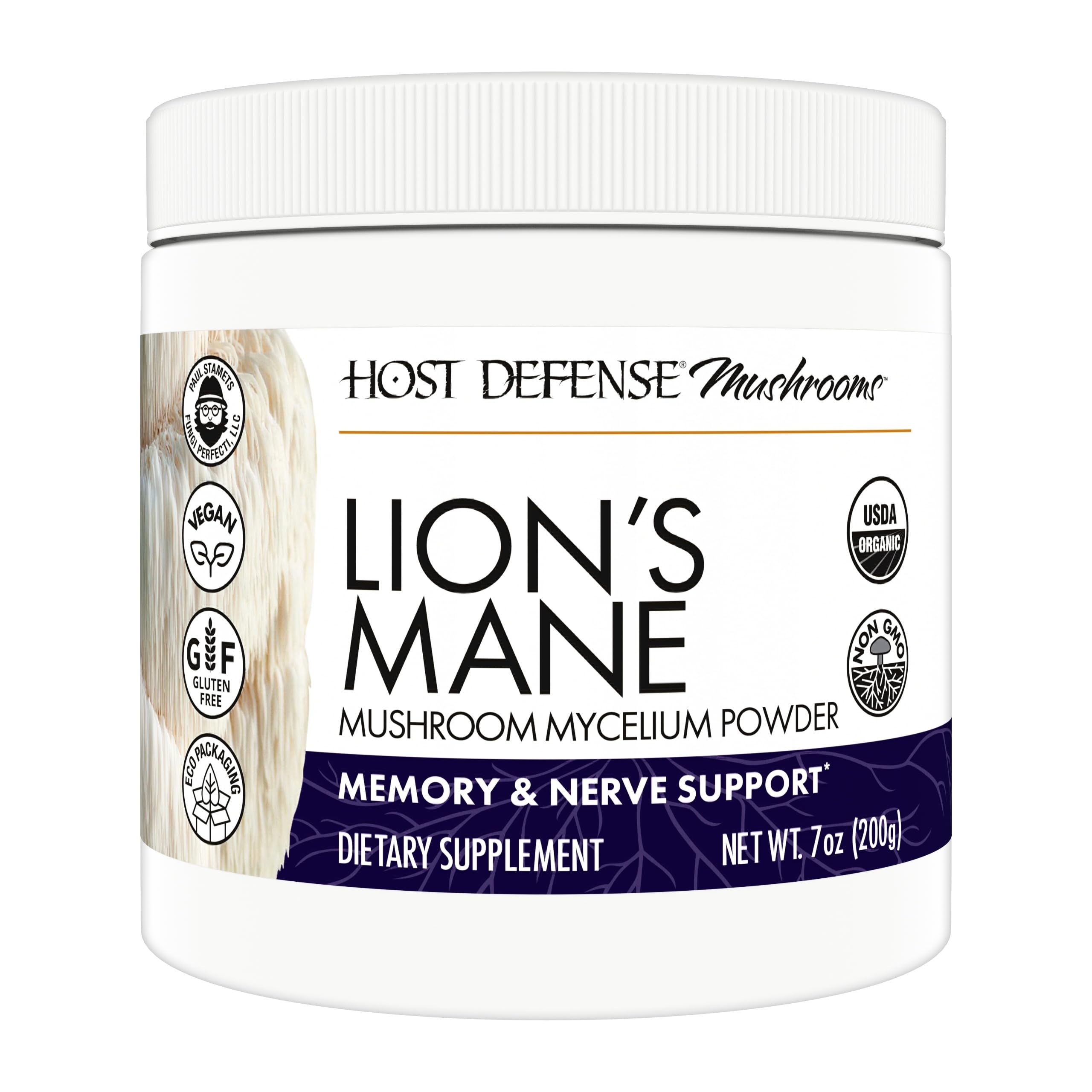 Host Defense Lion's Mane Powder bottle front showing product name and label.