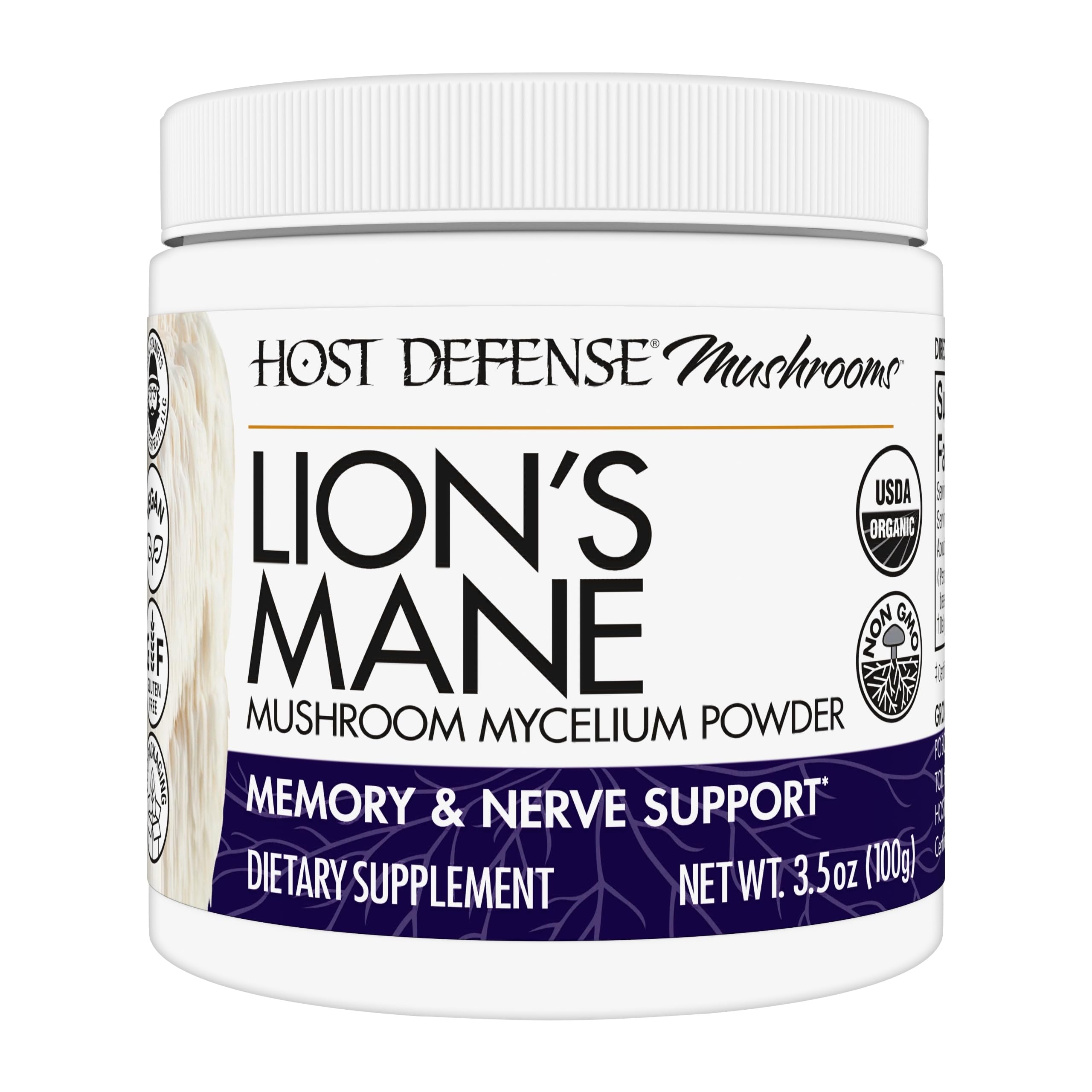 Host Defense Lion's Mane powder bottle front for daily brain health support