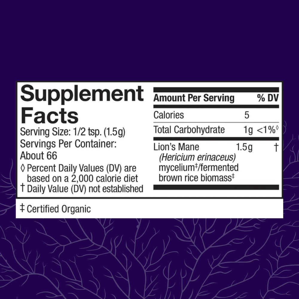 Host Defense Lion's Mane bottle side view highlighting US grown organic mycelium for focus