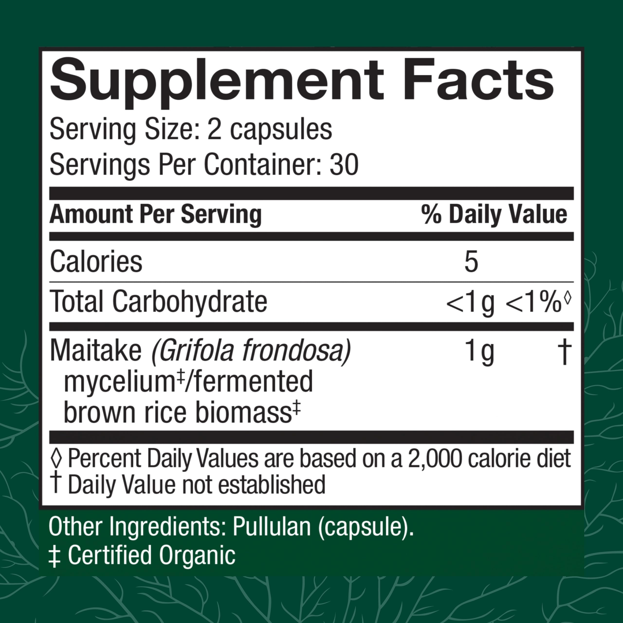Host Defense Maitake Capsules label showing organic, non-GMO credentials.