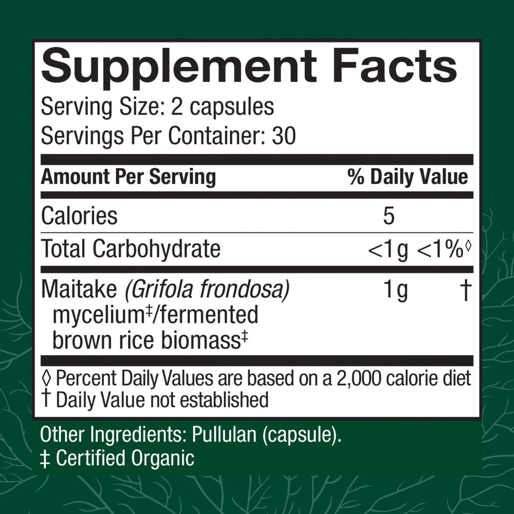 Host Defense Maitake Capsules label showing organic, non-GMO credentials.