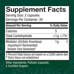 Host Defense Maitake Capsules label showing organic, non-GMO credentials.