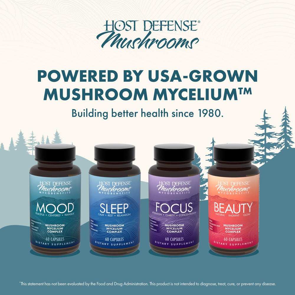Host Defense MycoBenefits Mood ingredients closeup highlights reishi, lion's mane, and ashwagandha.