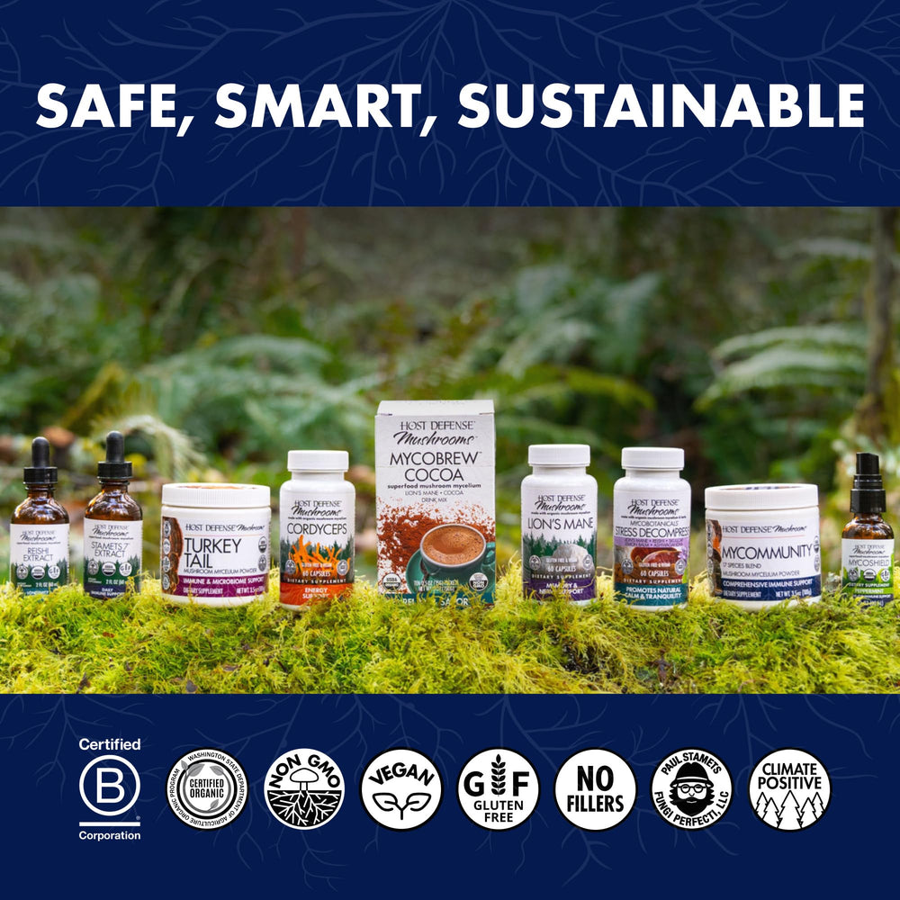 Host Defense Lions Mane bottle back panel outlines dosage guidance.