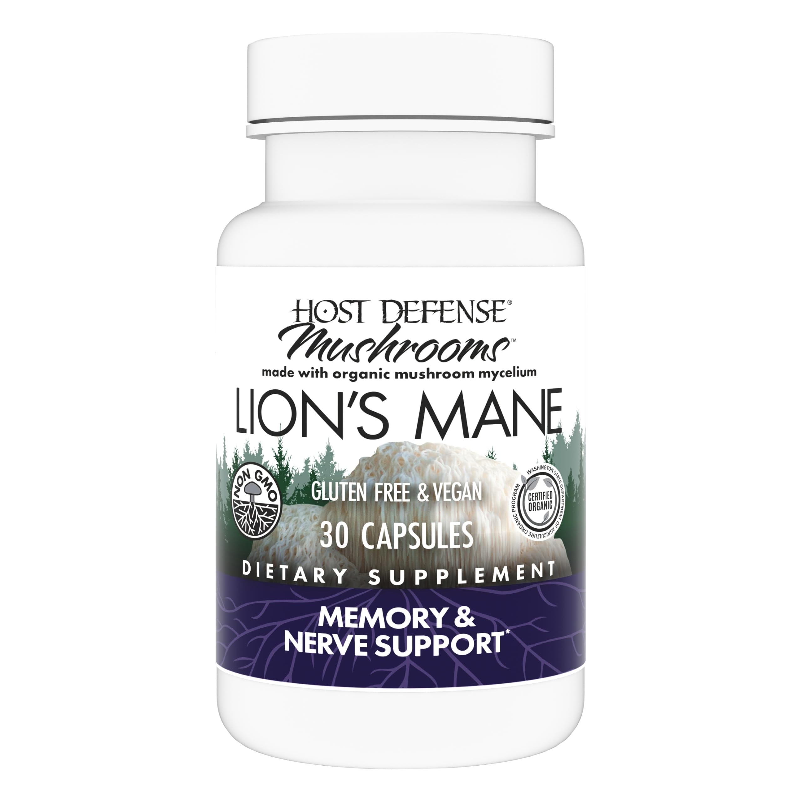 Host Defense Lions Mane bottle front promotes clarity and daily brain support.