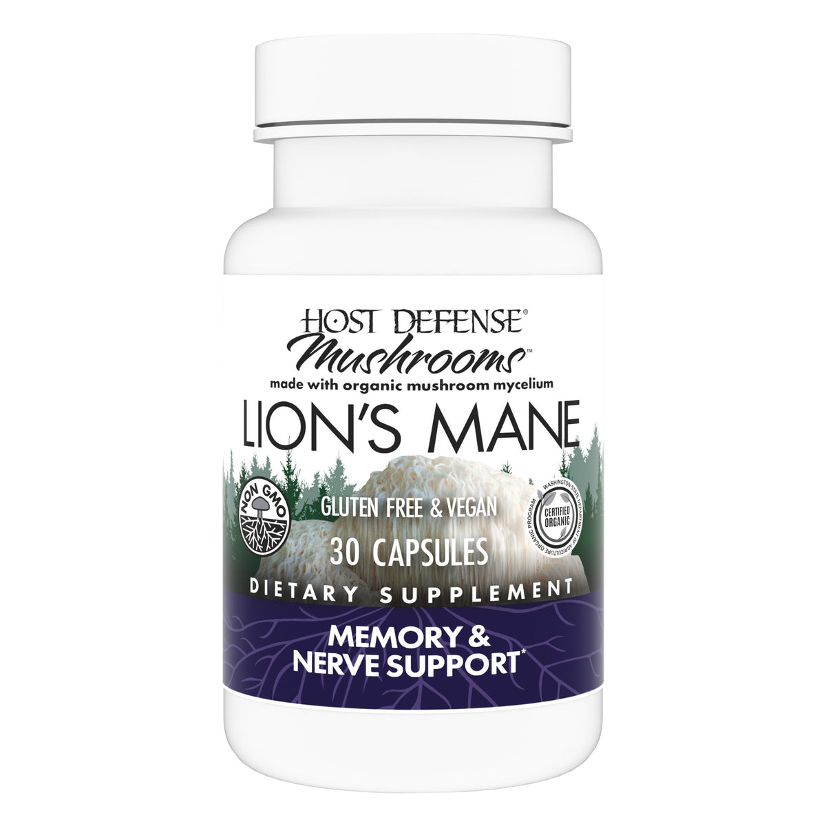 Host Defense Lions Mane bottle front promotes clarity and daily brain support.