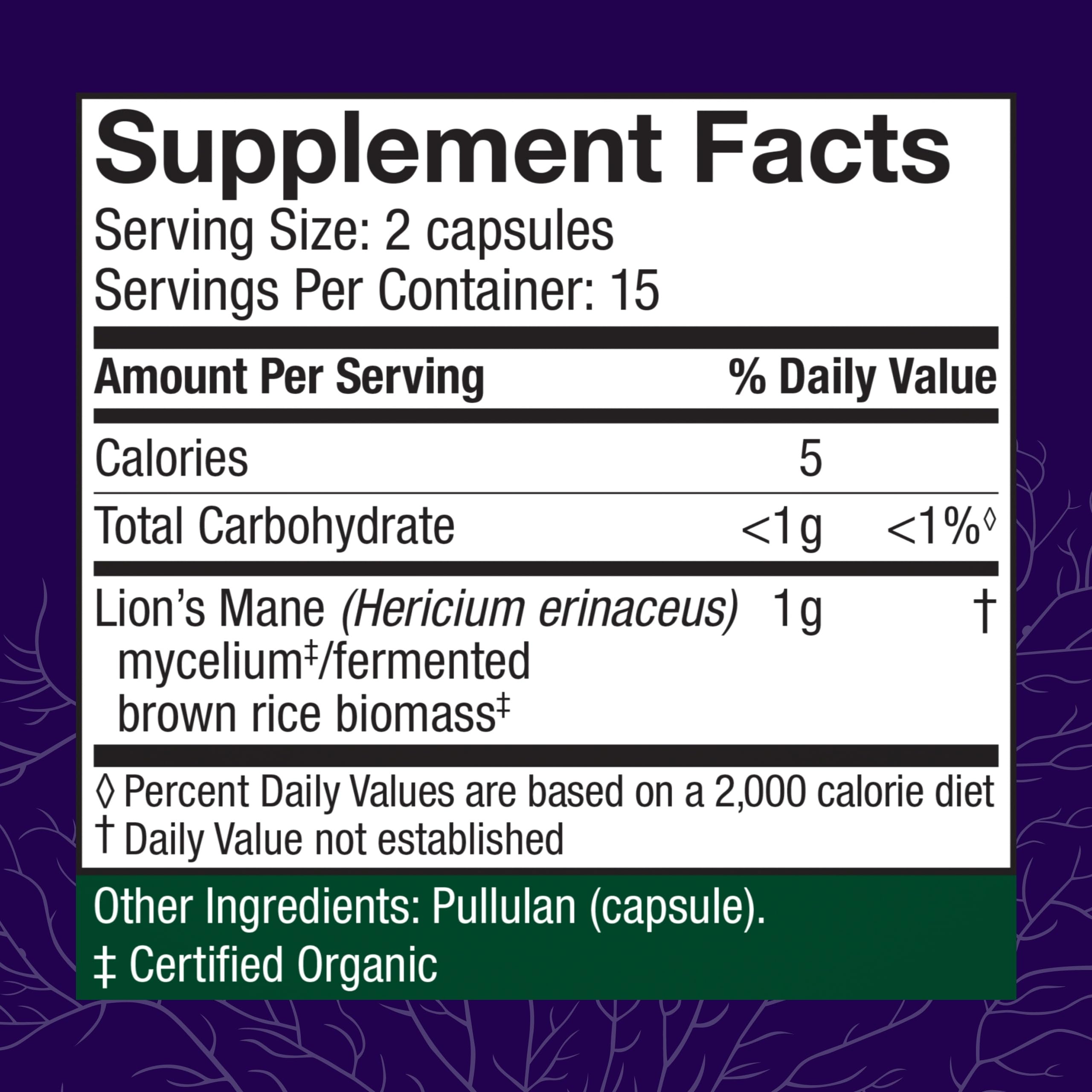 Host Defense Lions Mane capsules close-up highlights immune and nervous system support.