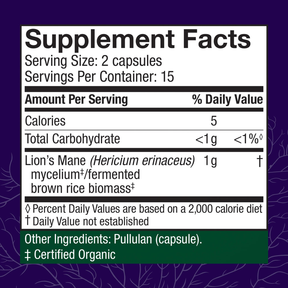 Host Defense Lions Mane capsules close-up highlights immune and nervous system support.