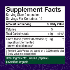 Host Defense Lions Mane capsules close-up highlights immune and nervous system support.