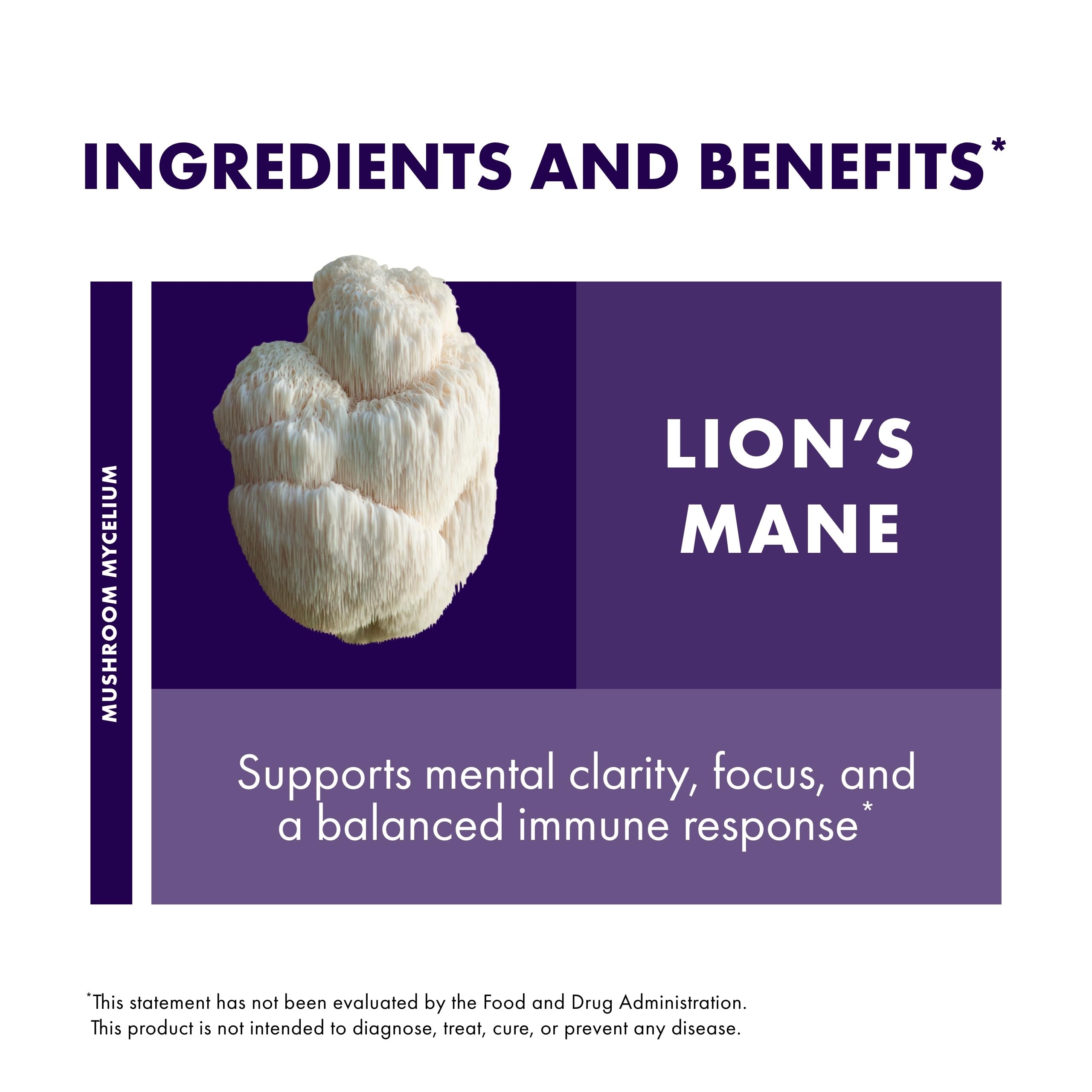 Host Defense Lions Mane ingredients icon showcases gluten-free, non-GMO formula.