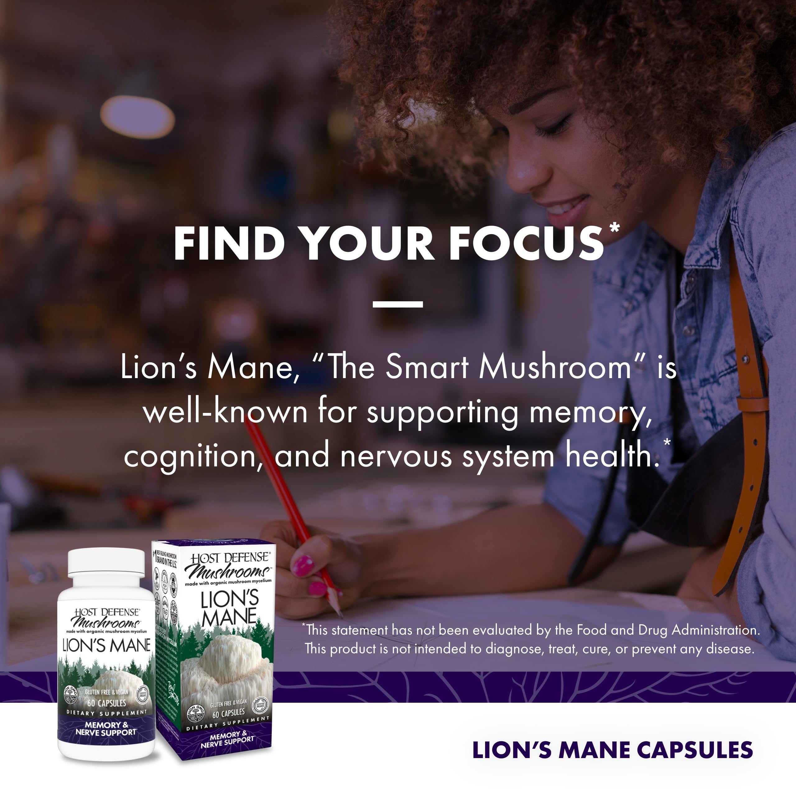 Host Defense Lions Mane grown on organic brown rice substrate and may support balanced brain function.