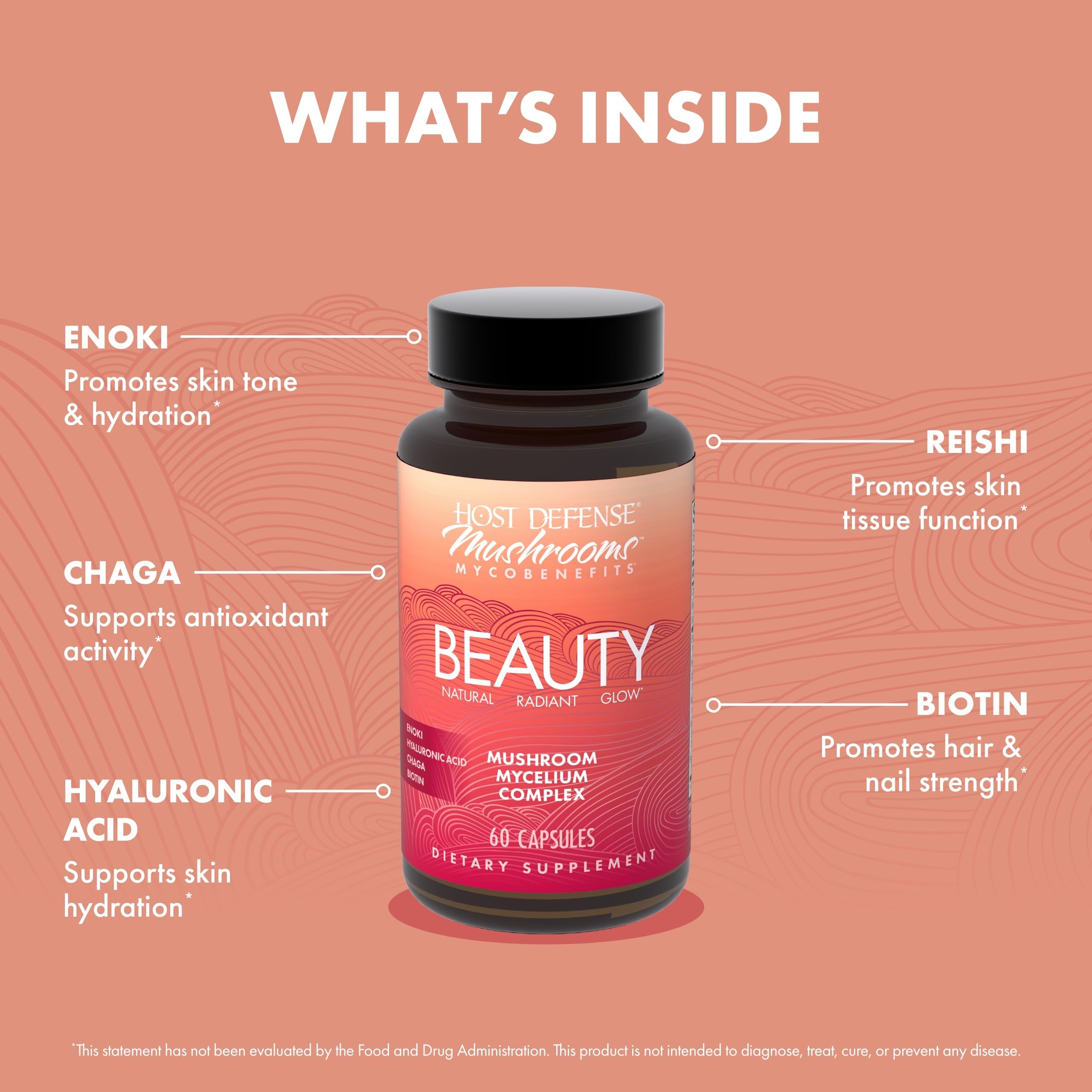 Visual of hair and skin benefits from MycoBenefits beauty supplement.