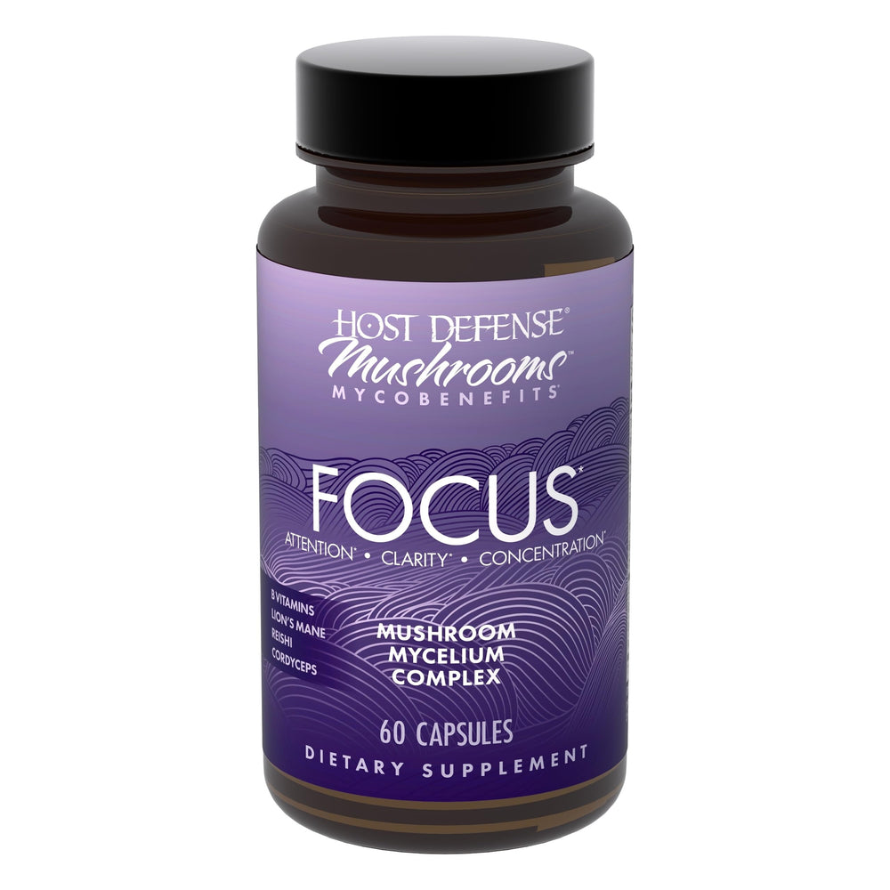 Host Defense MycoBenefits Focus bottle front with label and capsules for cognitive support