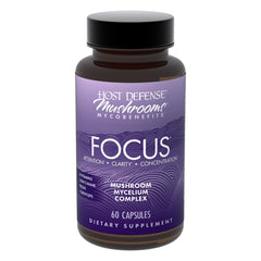Host Defense MycoBenefits Focus bottle front with label and capsules for cognitive support